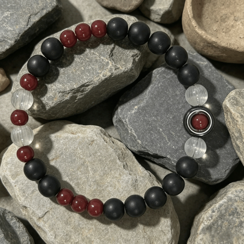 Matte Black Bead and Red Brushed White Bracelet, Unisex Design